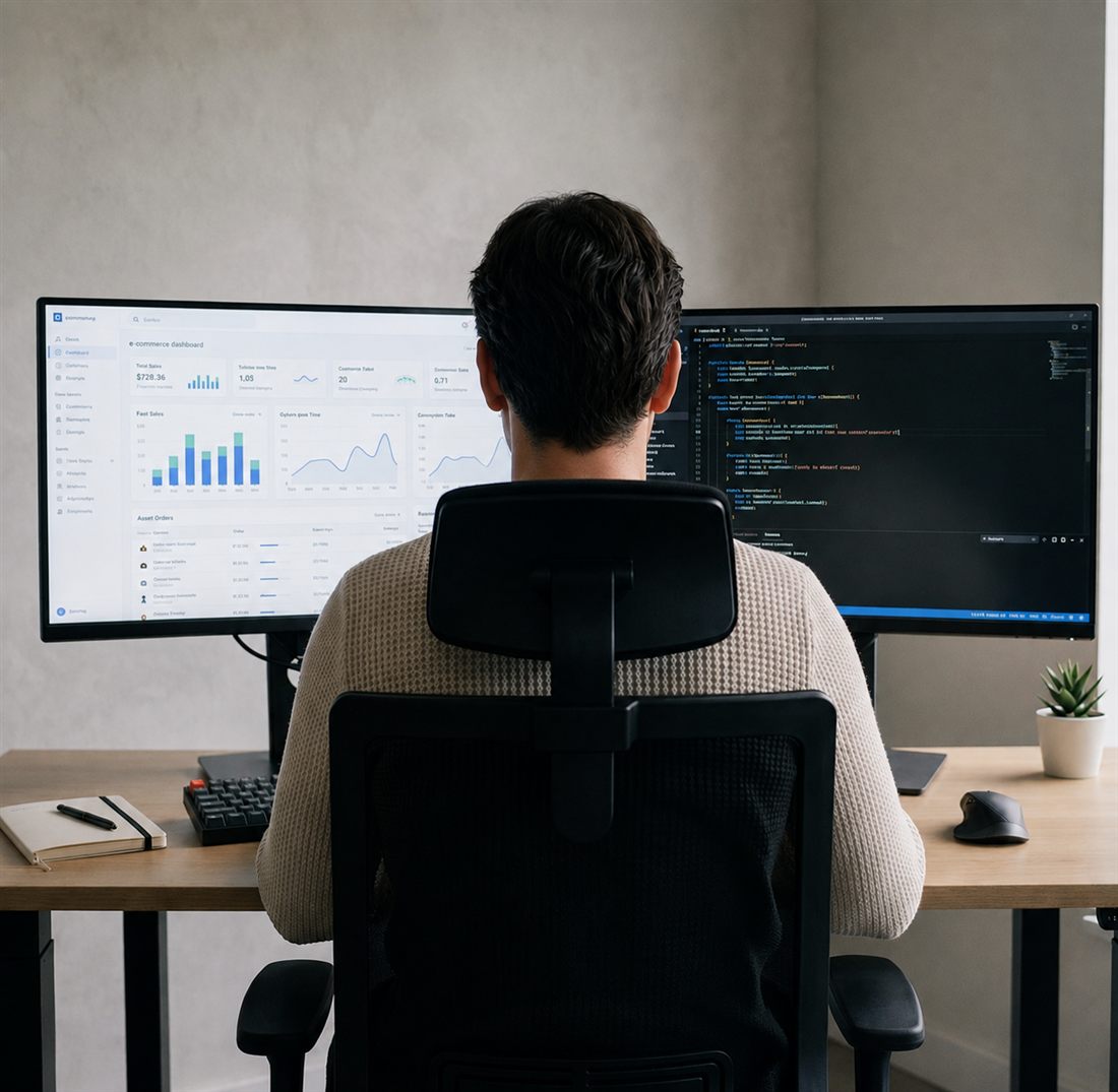Doppio monitor con dashboard e-commerce e codice al lavoro