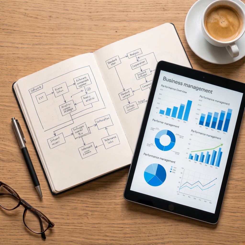 Taccuino con schema di analisi e tablet con dashboard di business management